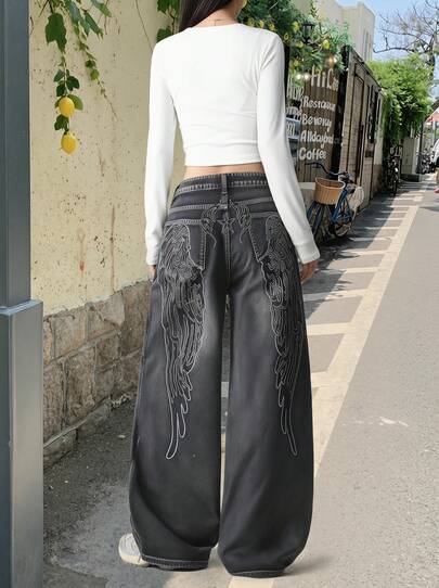 1件装 女士复古美式街头风翅膀刺绣宽松舒适阔腿牛仔裤，时尚休闲牛仔裤，适合所有季节（不含腰带/配饰）春季黑色