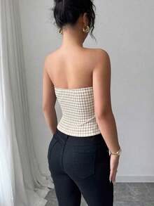 Top corto sin mangas con botones delanteros y estampado de pata de gallo, para uso en oficina o viajes, de moda para el verano - Albaricoque - Ver 2
