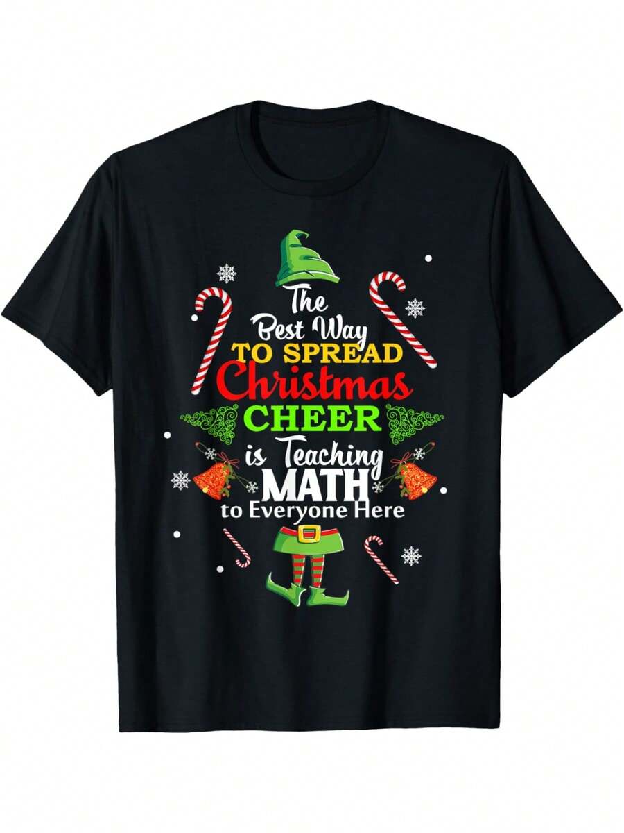 Camiseta de Navidad para Profesor de Matemáticas con Diseño de Elfo: La Mejor Forma de Transmitir el Espíritu Navideño. Camiseta de Manga Corta Casual y Cómoda para el Verano. - Negro - Ver 1
