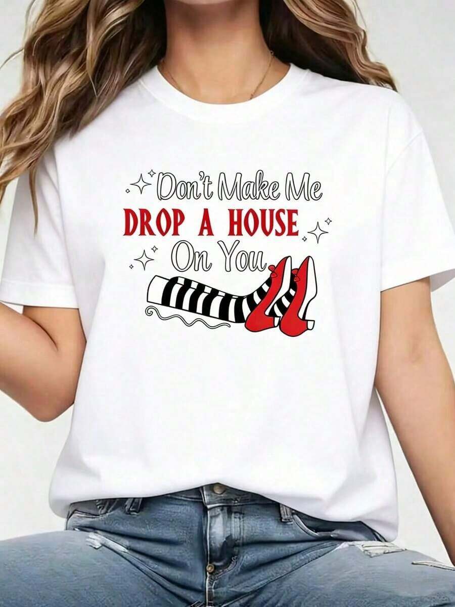 Women's Casual Summer Short Sleeve Crew Neck T-Shirt, Fun Wizard Of Oz Print, Loose Fit, Summer Tops, Women's Tops, For Daily Outings, Mother's Day Gift, Black, Short Sleeve - 白色 - 查看 1