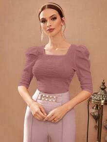 Camiseta de mujer de cuello cuadrado con mangas abullonadas color rojo burdeos - Rosa - Ver 1