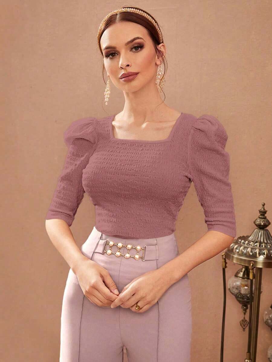 Camiseta de mujer de cuello cuadrado con mangas abullonadas color rojo burdeos - Rosa - Ver 1