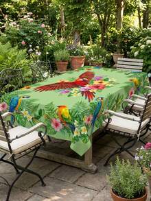 1pc Tropical Rainforest Parrot Print Rectangular Tablecloth, Bright Green Bird & Floral Pattern, Outdoor Picnic Camping Decor, Summer Party Stain-Resistant Home Dining Table Mat - Green - View 7