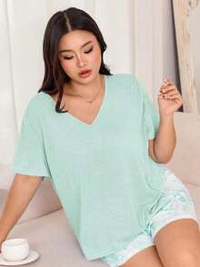 Miss Vinta Women's Plus Size 2-Piece Pajama Set With Short-Sleeve V-Neck Top And Floral Print Shorts. Comfortable Summer Pajama Set For Women With Shorts And Top, Summer Loungewear - 綠色的 - 查看 7