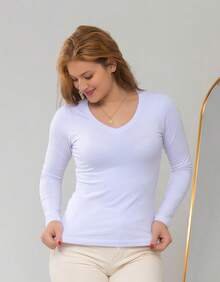 Set Of 2 Long Sleeve T-Shirts, Base Layer Blouses, V-Neck, Slim Fit, Workwear, Winter, Basic, Plain - Hitam dan Putih - View 6
