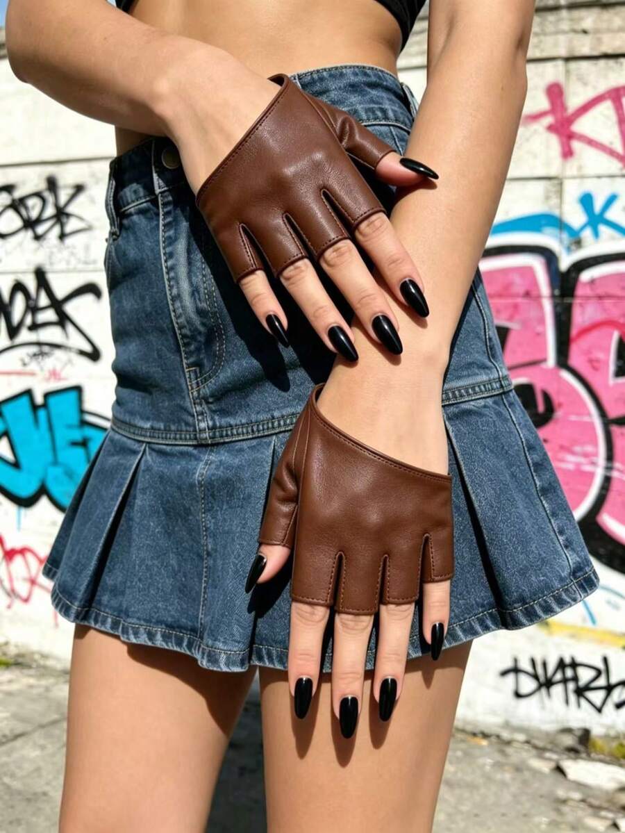 1 par de guantes abiertos de dedo diagonal de PU color marrón Maillard - Marrón - Ver 1