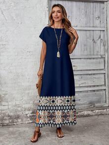 YHHEMERY ROSE Vestido largo de mujer estilo bohemio con estampado, cuello redondo, manga corta tipo murciélago, bajo acampanado, informal y multicolorYHH - Azul marino - Ver 6