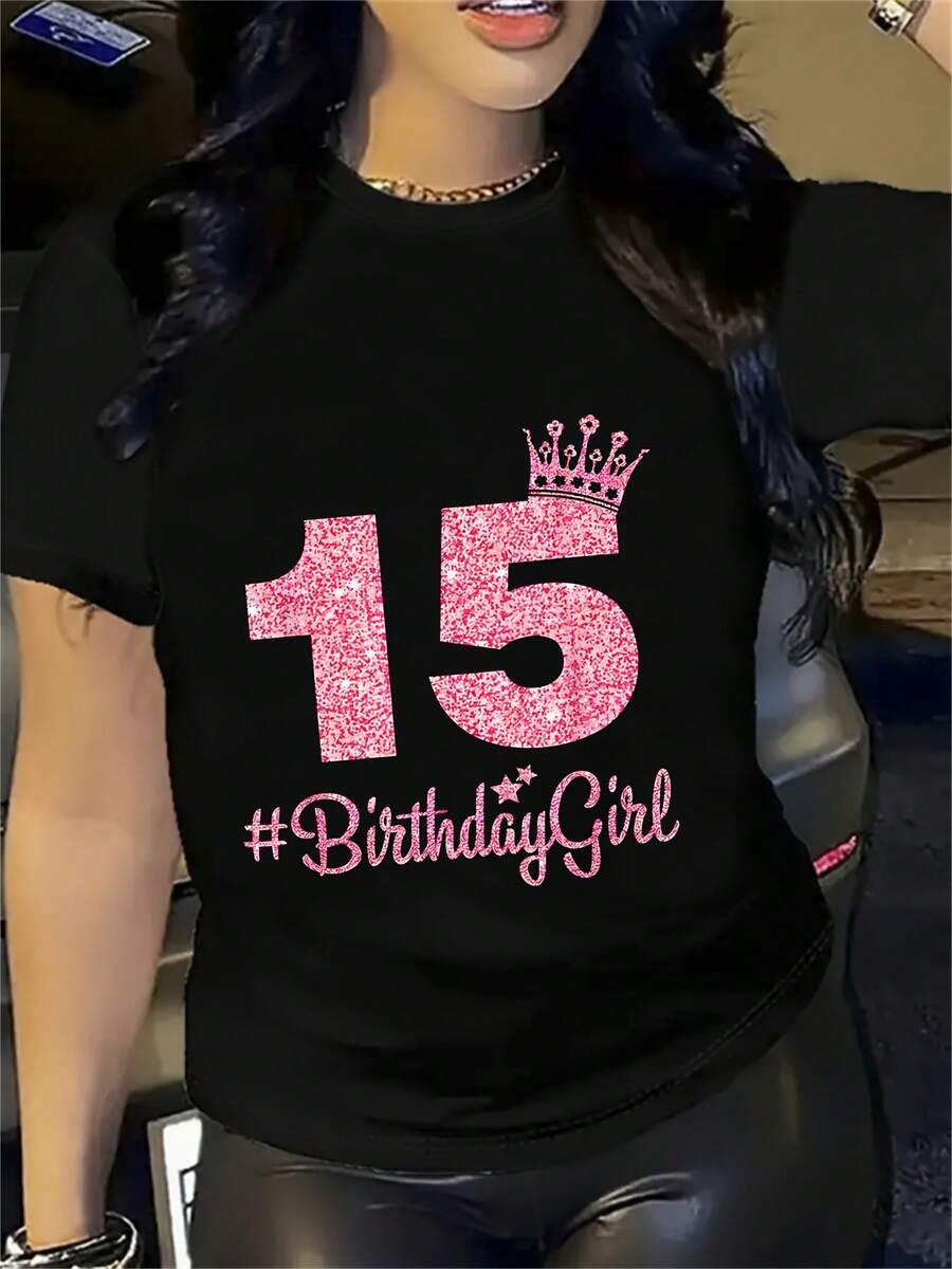 Camiseta Rosa con Brillantina para Cumpleaños 15 de Mujer - Gráfico Brillante con Número 15 y Corona, Corte Holgado Suave y Transpirable, Top de Manga Corta con Cuello Redondo, Regalo para Adolescentes de 15 Años, Outfit Casual para Fiesta con Brillo - Negro - Ver 1