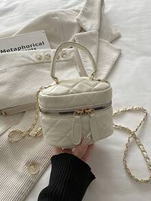 Bolso mini cuadrado con cadena de rombos negra, bolso versátil de maquillaje cruzado, bolso de mano para ir al trabajo con dije de corazón - Blanco - Ver 4