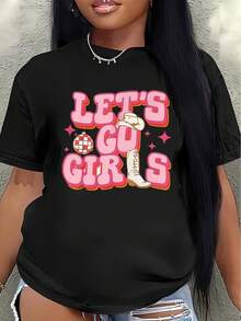 Lightweight And Durable Short-Sleeved T-Shirt With A Printed Design Featuring The Words "Let's Go". Suitable For Casual Activities Such As Meetings Or Dinners, Combining Comfort And Style With Pink Lettering And Cowboy Hat Illustrations. Women's Shirts - 黑色 - 查看 7