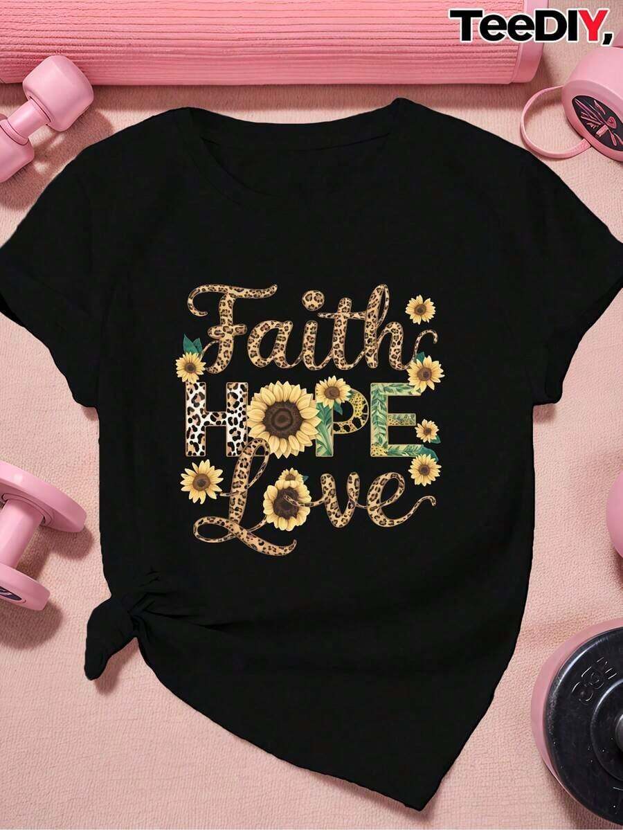 Camiseta de manga corta con cuello redondo para mujer, estampado de leopardo con diseño de girasol inglés, suave y con caída fluida, adecuada para uso diario, oficina, escuela, vacaciones, camping, de estilo versátil, que hace que tu verano sea más vibrante y colorido. - Negro - Ver 1