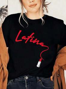 Camiseta Gráfica de Mujer con Estampado de Labios Rojos Latinos, País y Nacionalidad, Cuello Redondo, 100% Algodón - Negro - Ver 1