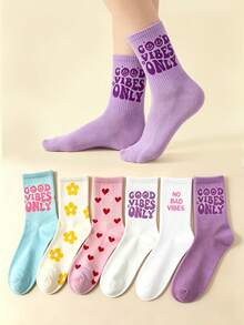 1/3/5/6 Pairs Women Letter & Flower Mid-Calf Socks, New Spring/Autumn High Elasticity Casual Tube Socks, Comfortable Soft Student Socks, Street Style Ladies Socks - Multicolor - View 1