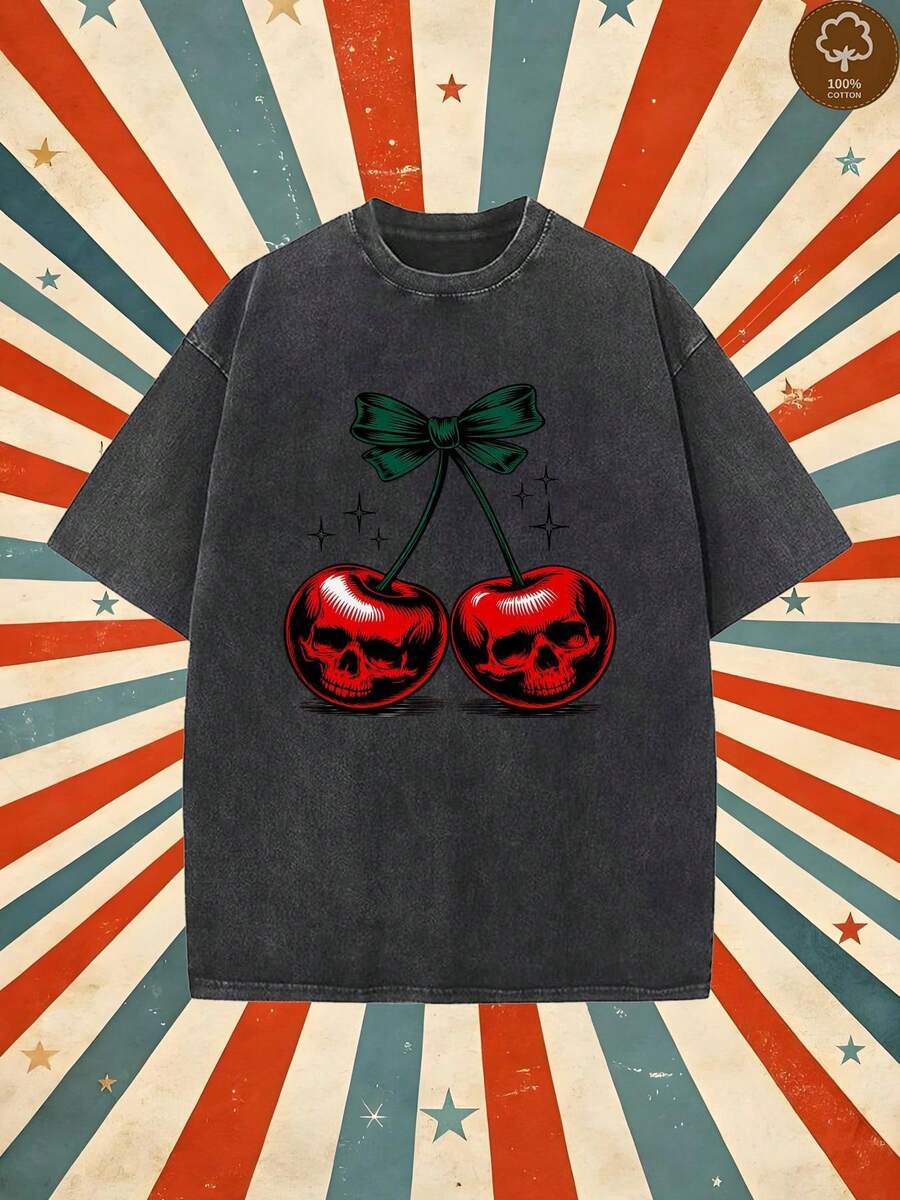 1 Men's Durable Vintage T-Shirt - Dark Grey With Red Cherry Print - Halloween Gothic Style, Casual, Loose Fit, Urban Style, Short Sleeve - Soft And Breathable Fabric - Machine Washable, 180g, 100% Cotton. - 黑色 - 查看 1