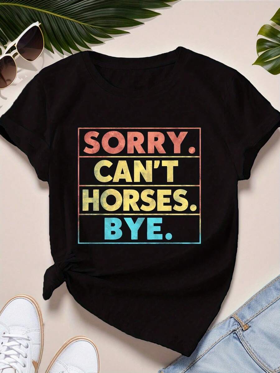 Una camiseta de mujer de manga corta, holgada, moderna, a la moda, retro y elegante, adecuada para actividades al aire libre en primavera y verano.Camiseta con estampado "Lo siento, no puedo montar a caballo, adiós", camiseta casual de cuello redondo y manga corta, adecuada para primavera y verano, ropa de mujer.blusas para mujer,blusas casuales para dama,tops,, mujer premium,y2k,playeras de mujer curvy,ofertas y liquidaciones ropa mujer,playeras deportivas para mujer,,playeras de hombre, mujer,blusas>elegante LMNF - Negro - Ver 1