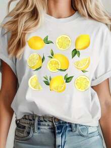 Women's Casual T-Shirt With Lemon Print - Fresh Citrus Fruit Design, Short Sleeve, Ideal For Summer, Beach, Vacation, Or Everyday Wear. Suitable As A Gift. Women's T-Shirt. Blouses > Elegant. Boho Chic. Soft, Breathable, And Comfortable Women's Top, Ideal For Spring, Summer, And Autumn, Perfect For Vacations, Travel, And Everyday Wear. - 白色 - 查看 7