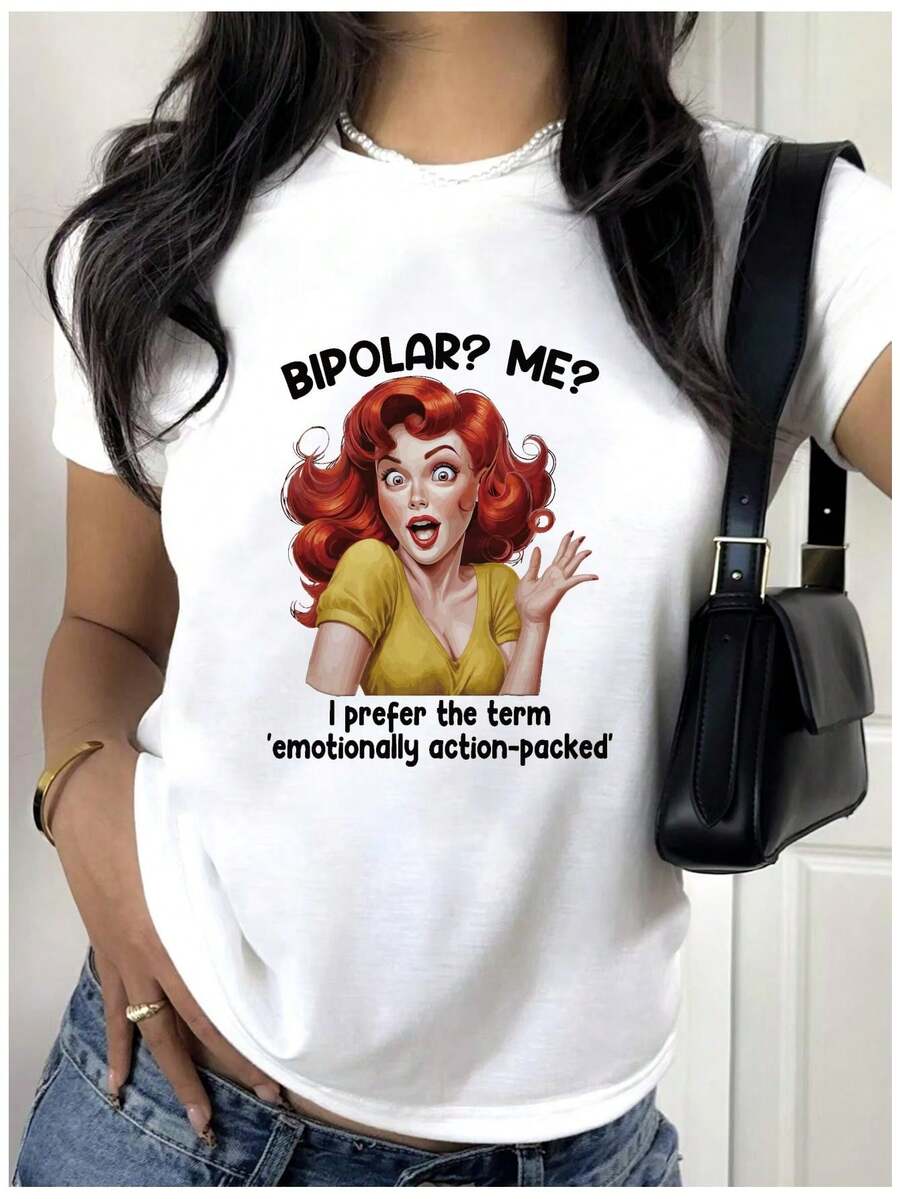 Camiseta suave para mujeres y unisex sobre la conciencia sobre el trastorno - con el eslogan "Prefiero la frase 'emocionalmente rica'" y una imagen de una mujer con trastorno de cabello rojo - Camiseta suave y transpirable sobre la conciencia en materia de salud mental, top casual de manga corta, blusas elegantes para dama. - Blanco - Ver 1