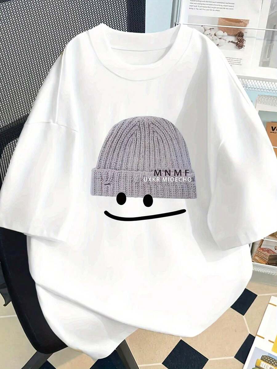 1 Piece Of Korean Style Loose Fit Women's T-Shirt, Inspired By K-Dramas - White Short Sleeve Top With Round Neck, Combined With A Beige Hat And  Face Print (MMME Letters), Korean Text Design, Casual Loose Fit T-Shirt, Suitable For Daily Wear, A Must-Have Item For The Korean Fashion Wardrobe, 180g 100% Cotton. - 白色 - 查看 1
