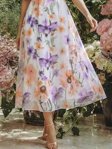 Vestido holgado con estampado francés, puños elásticos y cintura drapeada fluida para mujeres. Vestido floral vintage elegante para mujer, vestido de flores de primavera, vestido de verano para mujer. - Multicolor - Ver 7