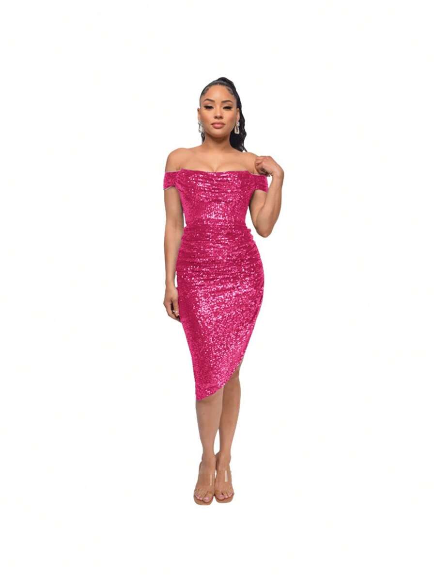 Women's Champagne-Colored Sequined Dress, Off-Shoulder Draped Design, Asymmetrical Side Slit, Stretchy Shiny Fabric Ideal For Summer Parties, Weddings As A Guest And Elegant Outdoor Dinners, Sexy Glamorous Style Perfect For Celebrations And Formal Events - 玫紅色 - 查看 1