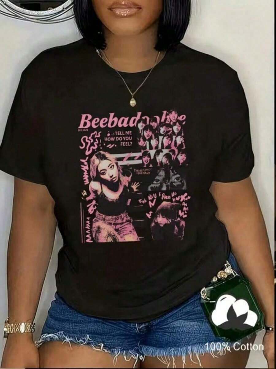 Camiseta estampada de mujer, manga corta, informal, con estampado Beebadoobee, diseño retro de collage artístico, a la moda, deportiva, adecuada para salidas diarias informales y vacaciones. Playera para verano. - Negro - Ver 1