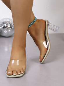 New Mesh High Heel Shoes, Women's Fashion Chunky Crystal Heel Summer Sandals, Party Shoes - Mint Green - View 4