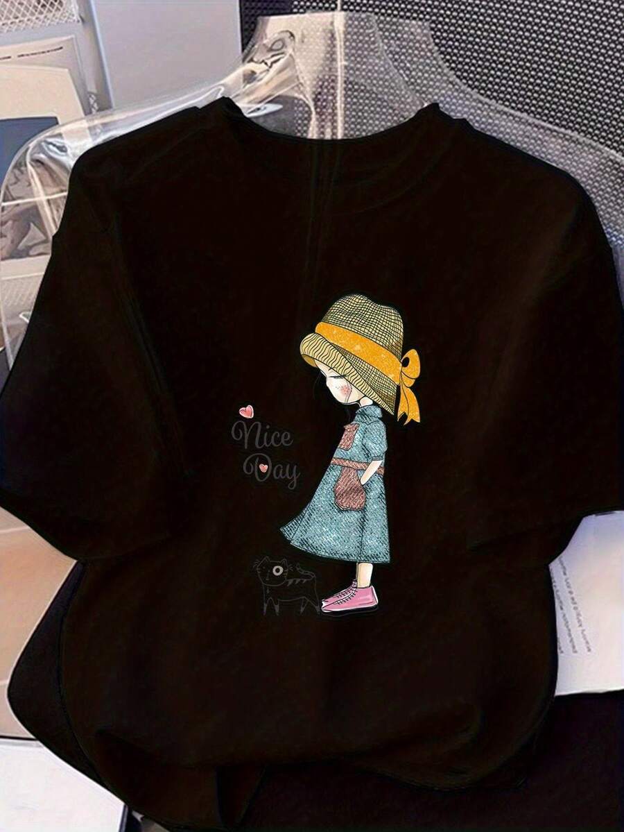Women's Graphic T-Shirts - Casual Short Sleeve T-Shirt With Geometric Print, Loose Fit, Round Neck, With Slightly Stretchy Fabric, No Chest Padding And Beltless Design For Spring, Summer And Autumn, Casual Youth Wear, Women's T-Shirts, Comfortable Everyday T-Shirt, Fun Graphic T-Shirt, Soft Texture T-Shirt, 100% Cotton - 黑色 - 查看 1