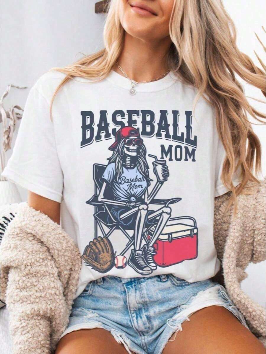 Baseball Mom T-Shirt, Skeleton Baseball Mom T-Shirt, Baseball Gift For Mom, Cute Baseball Mom T-Shirt, Funny Baseball Graphic Tees For Men And Women, Crew Neck, Loose Fit, Casual, Women's T-Shirts - 白色 - 查看 1