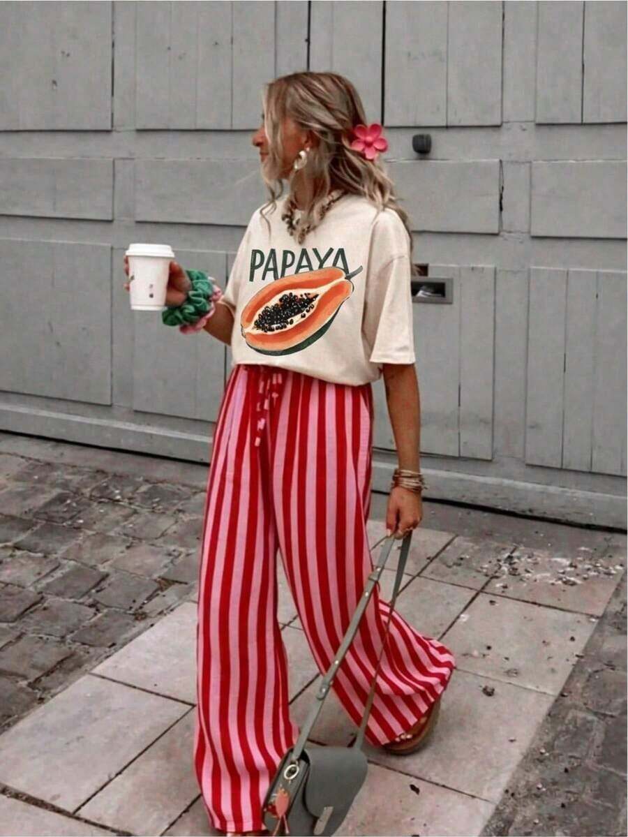 Summer Style Off-Shoulder Printed T-Shirt, Versatile And Stylish For Beach Vacations, Machine Washable, Casual Holiday Top, Streetwear And Sportswear | Clothing For Juneteenth, Father's Day And 4th Of July, Women's T-Shirts For Vacation And Office, Comfortable - 杏色 - 查看 1