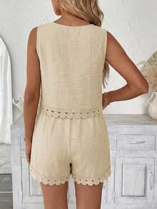 LUNE Conjunto de 2 piezas de blusa sin mangas con parches de encaje y shorts, adecuado para vacaciones de verano, ir al trabajo y uso diario - Albaricoque - Ver 2