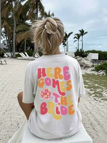 [Double-Sided Print] Women's Casual Summer Loose Fit T-Shirt, Vintage Disco Ball Ring Print "HERE COMES THE BRIDE", Round Neck, Short Length, Drop Shoulder, Pure Cotton Oversized T-Shirt, Elegant Party Outfit, T-Shirt For Elegant Ladies, Blouses Suitable For Curvy Women, Prom Skirts, Casual Wear - 白色 - 查看 4