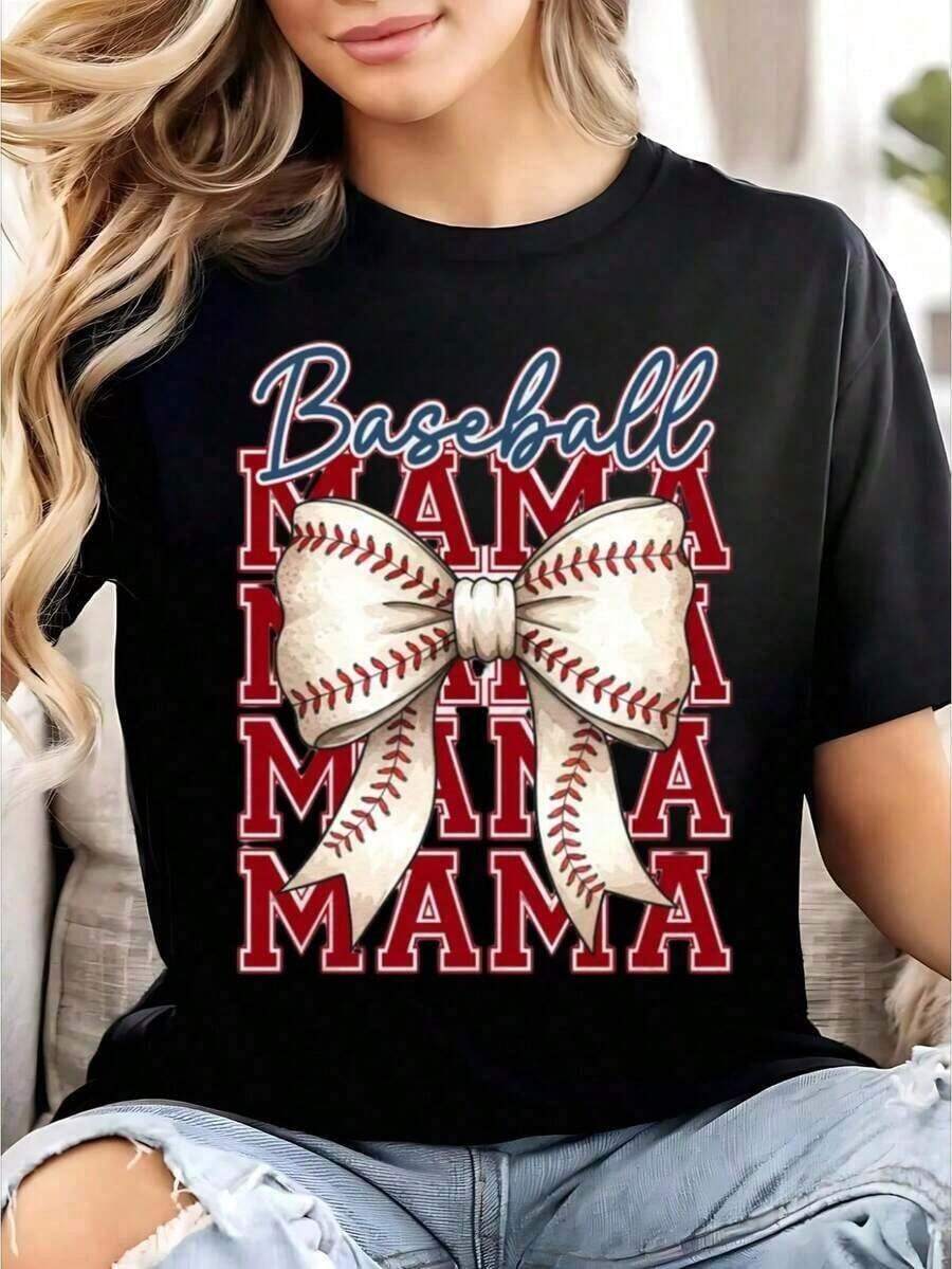 1 Piece Baseball T-Shirt For Mom, Baseball Shirt, Flirty Baseball Bow Shirt, Baseball Game Day Shirt, Sublimation Baseball Mom Shirts, Women's Graphic Crew Neck T-Shirts, Loose Casual T-Shirts, 180g 100% Cotton - 黑色 - 查看 1