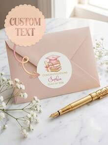 8/20/40pc Custom Graduation Stickers,Text Graduation Favor Stickers,Personalized Name & Class Of 2026 Graduation Labels,Pink Watercolor Grad Cap & Book Design,For Graduates / High School & College Grads,Graduation Party Decor / Envelope Sealing / Favor Bags / Graduation Gifts - Multicolor - View 2