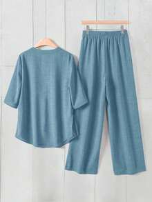 Conjunto informal de top con cuello en pico y pantalones de unicolor - Azul - Ver 2