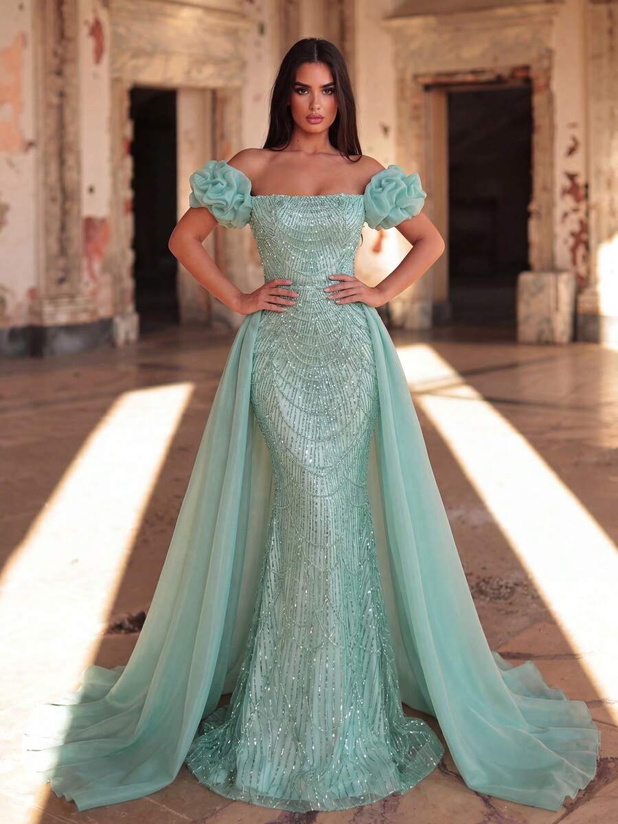 Faeriesty 浪漫優雅女款正式晚禮服,露肩花瓣袖亮片魚尾長洋裝,內建胸墊,適合派對婚禮秋季 - 綠色 - 查看 1