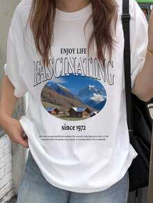 Women's Loose-Fitting T-Shirt With A Round Neck And Exquisite Print. Soft And Breathable Fabric, Comfortable To Wear, And Short Sleeves. Casual And Relaxed Fit, Versatile Style. Made From High-Quality 100% Pure Cotton (200 G). - 白色 - 查看 10