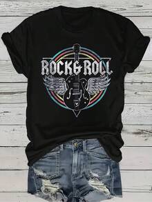 Mexican Rock Band Print T-Shirt, Short Sleeve, Casual Round Neck, Women's Spring/Summer Clothing, Fashionable Summer Cotton T-Shirt - 黑色 - 查看 1