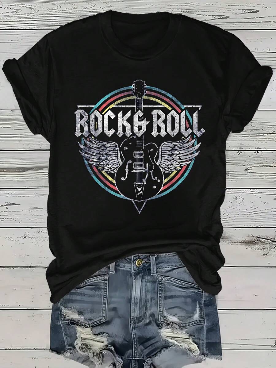 Mexican Rock Band Print T-Shirt, Short Sleeve, Casual Round Neck, Women's Spring/Summer Clothing, Fashionable Summer Cotton T-Shirt - 黑色 - 查看 1