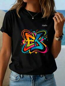 Limited Time Offer, Limited Quantity Available, Flash , Women's Shirts, Women's T-Shirts. Women's Oversized Black T-Shirt, Short Sleeve, Round Neck, Colorful Graffiti Letter Print, Casual Street Style For Everyday Wear - 黑色 - 查看 3