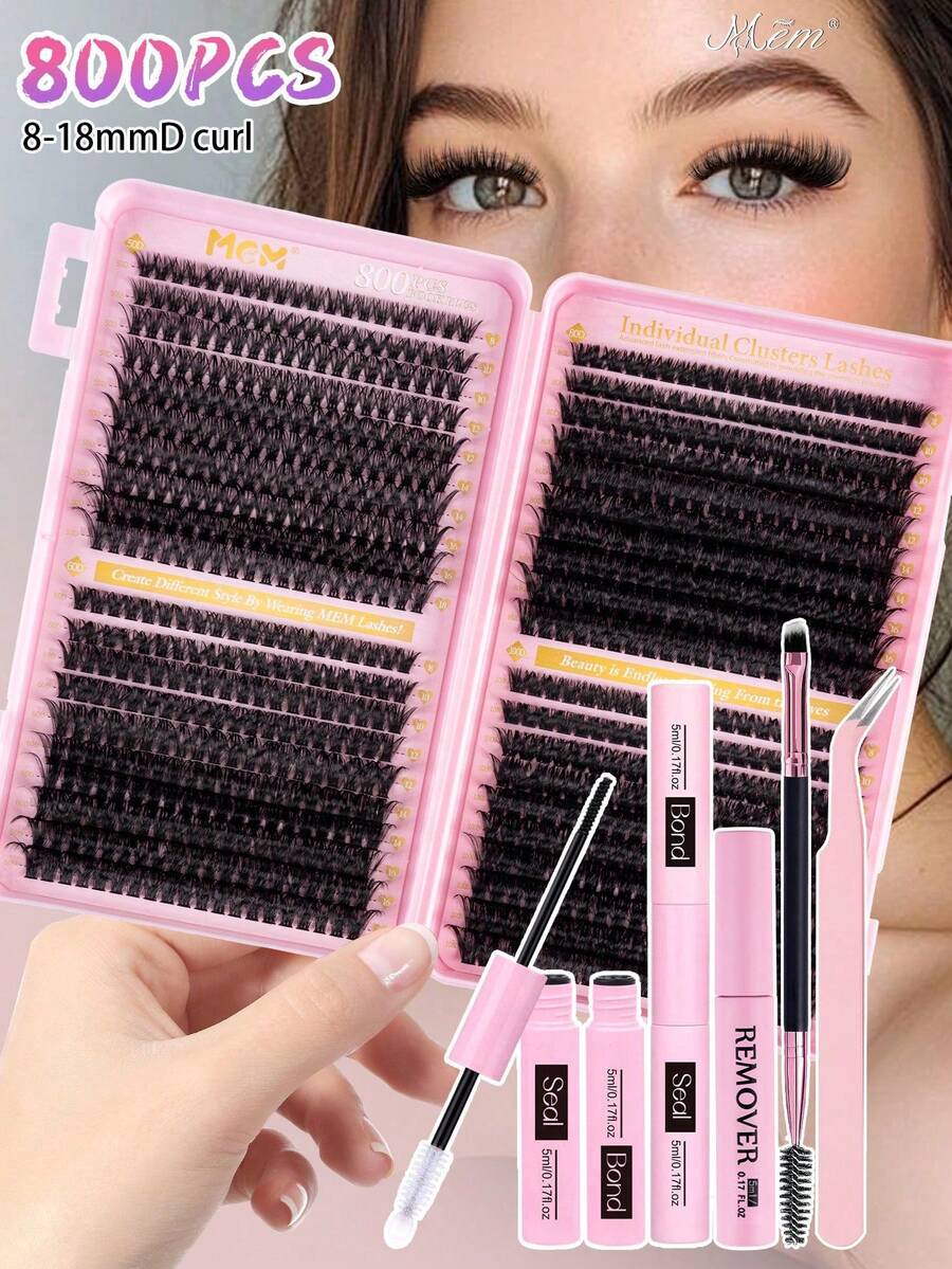 MEM 800/640/300/240Pcs D-Curl 3D Fluffy Lash Set, Large Capacity Soft Reusable Segmented False Lashes, Beginner DIY Kit With Tutorials, Glue, Styling Solution, Tweezers, Brush & Glue Remover For Natural Stereo Eye Makeup, Suitable For Daily, Travel, Part - Black - View 1