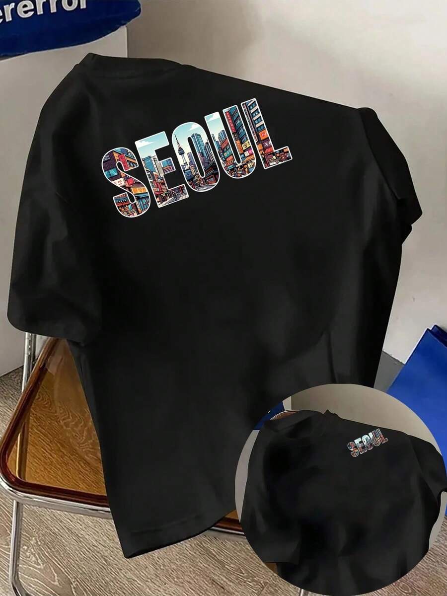 New Men's T-Shirt Made Of 180g Heavyweight Cotton, Featuring A Seoul Cityscape Print On The Front And Back, Short Sleeves, Suitable For Everyday Casual Wear And Outdoor Fitness Activities, Unique Double-Sided Pattern Design - For Spring And Autumn As An Inner Layer And For Summer As An Independent Garment, Unisex. - 黑色 - 查看 1