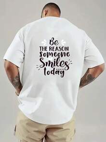 New Men's T-Shirt Made Of 180g Heavyweight Cotton, With A Loose Fit And Dropped Shoulders, Featuring The Inspirational Text Print "Be Reason Someone Smiles Today," A Pattern Design On The Front And Back, A Modern Top Suitable For Layering In Spring And Autumn Or Wearing Alone In Summer, Unisex. - 白色 - 查看 2