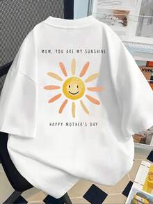 New 180g Short-Sleeved T-Shirt, 1% Cotton, With Front And Back Print - Mother's Day, Smiling Sun Face - Fashionable Printed T-Shirt For Women, Short-Sleeved, For All Seasons, Modern Clothing - Suitable For Layering In Spring And Autumn Or As A Standalone Garment In Summer, Unisex. - 白色 - 查看 2