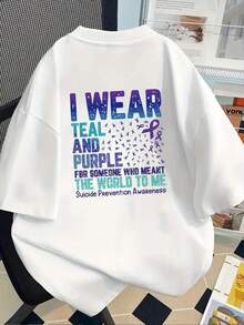 New 180g Heavyweight T-Shirt, 100% Cotton, In Blue And Purple, With A Double-Sided Suicide Prevention Print. A Modern Men's Garment, Suitable For Home, Casual Everyday Wear, And Sports. A Must-Have Item For Men, With A Design On Both The Front And Back, Perfect For Layering In Spring And Autumn Or Summer. Unisex Style. - 白色 - 查看 2