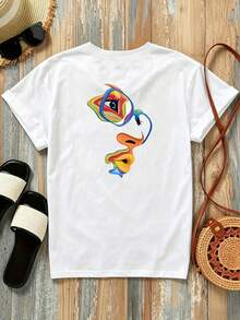 New 180g Short-Sleeved T-Shirt, 1% Cotton, With Front And Back Prints - Abstract Art, Iris Glasses - Fashionable Printed T-Shirt For Women, Short-Sleeved, Suitable For All Seasons, Modern Clothing - Can Be Worn As A Base Layer In Spring And Autumn Or Alone In Summer, Unisex. - 白色 - 查看 2
