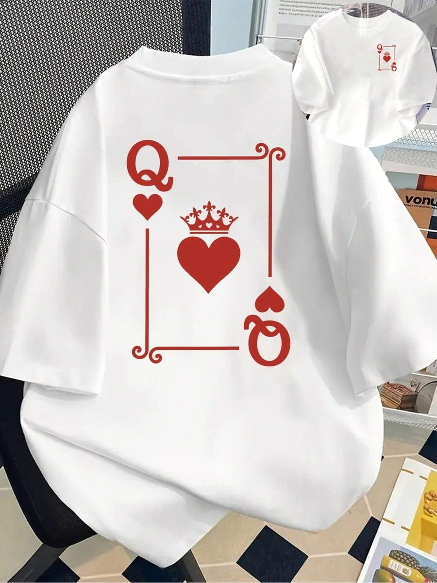 New 180gsm Short-Sleeved T-Shirt, 1% Cotton, With Prints On The Front And Back - Queen Of Hearts, Playing Cards - Fashionable Printed T-Shirt For Women, Your Best Choice! - Suitable For Layering In Spring And Autumn, And For Wearing Alone In Summer, Unisex Style. - 白色 - 查看 1