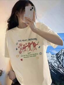 Camiseta de manga corta para mujer de algodón puro con diseño sencillo y versátil - top casual de cuello redondo y corte holgado, estampado único, lavable a máquina para un uso cómodo en todas las estaciones, ropa de verano. |   Camisa estampada divertida |   Camiseta de algodón cómoda y de buen ajuste. - Albaricoque - Ver 1