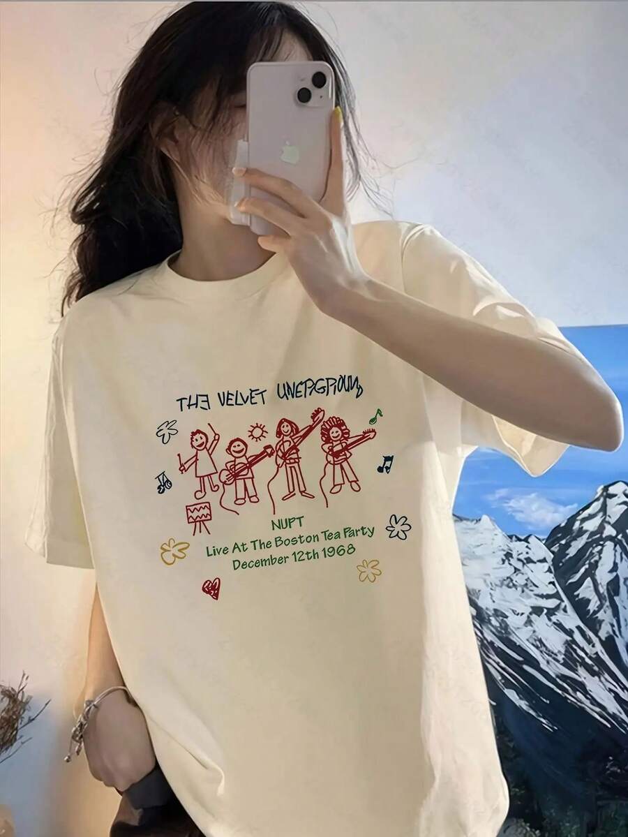 Camiseta de manga corta para mujer de algodón puro con diseño sencillo y versátil - top casual de cuello redondo y corte holgado, estampado único, lavable a máquina para un uso cómodo en todas las estaciones, ropa de verano. | Camisa estampada divertida | Camiseta de algodón cómoda y de buen ajuste. - Albaricoque - Ver 1