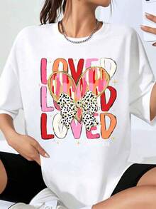 Christian T-Shirt With Heart And Ribbon "Beloved, Beloved, Beloved" (John 3:16) For Women, Fashionable Casual Top For Valentine's Day And Religious Events - 白色 - 查看 1