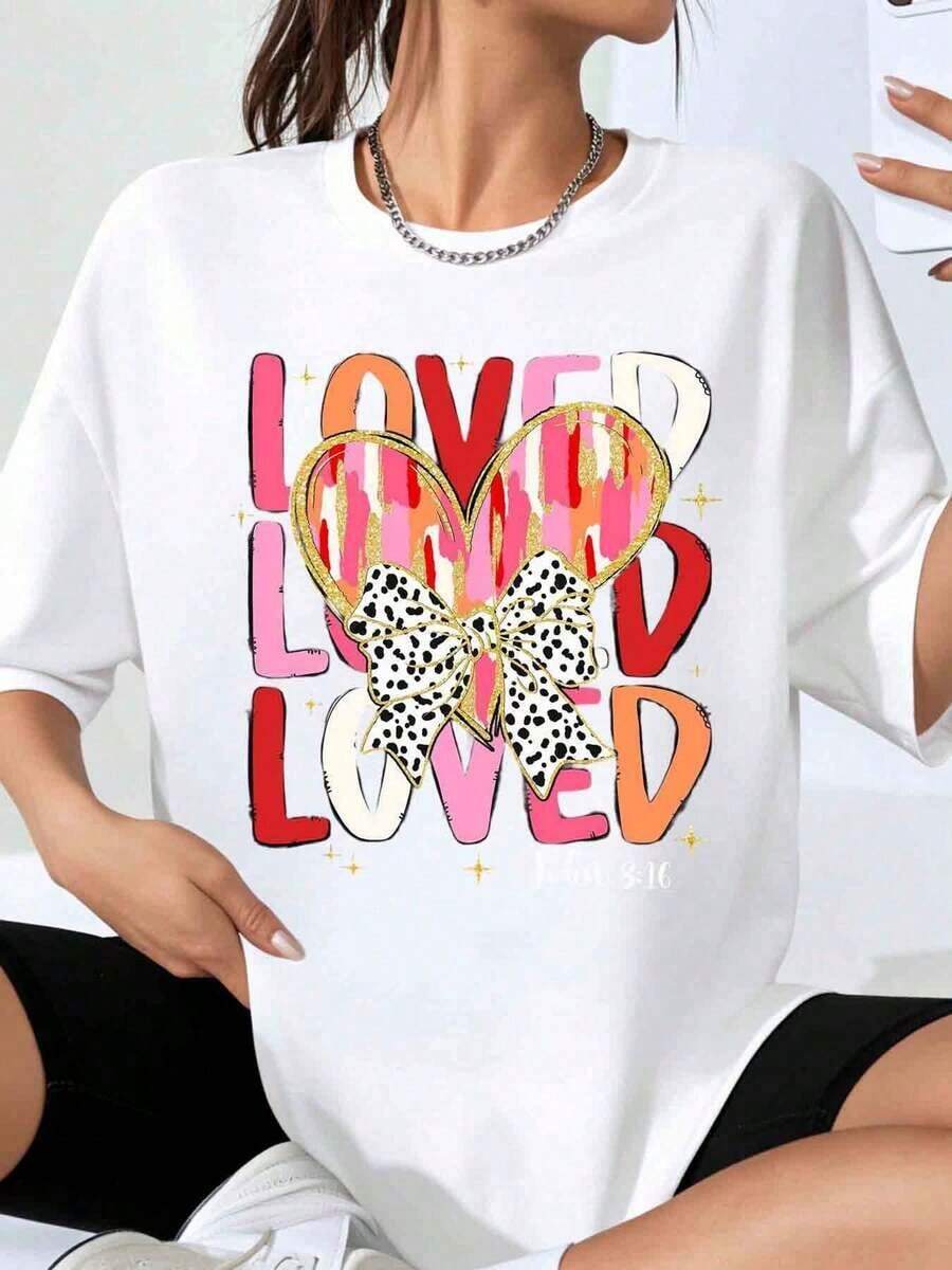 Christian T-Shirt With Heart And Ribbon "Beloved, Beloved, Beloved" (John 3:16) For Women, Fashionable Casual Top For Valentine's Day And Religious Events - 白色 - 查看 1